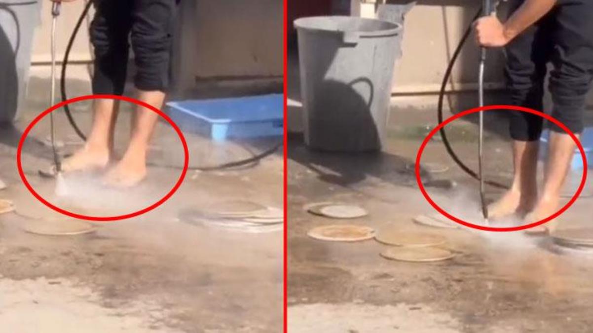 Birçok şubesi olan ünlü pizzacıda skandal görüntüler! Tahtaları tuvalet terliği ile yıkadılar