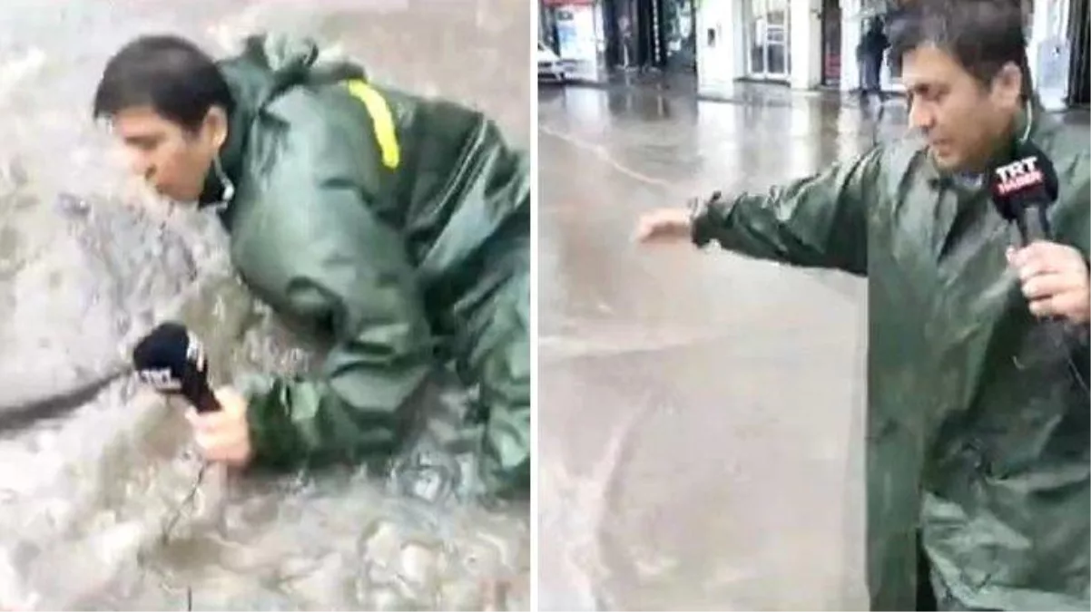 TRT muhabirinin zor anları! Sel haberini sunarken canlı yayında rögara düştü